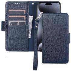 Imagem de Bocasal Capa carteira para iPhone 15 Pro 5G, suporte de couro legítimo, carregamento sem fio, bloqueio de RFID, compartimento para cartões, capa dobrável com suporte para livro com alça de pulso de