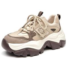 Imagem de BEAU TODAY Tênis grosso para mulheres, sapatos de pai para mulheres, sapatos de tênis de couro confortáveis com cadarço e cadarço, Marrom, 36