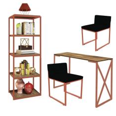 Imagem de Kit Escritório Bex 2 Cadeiras Suede Preto com 1 Mesa e 1 Livreiro Ferro Bronze MDF Freijó - Ahazzo Móveis