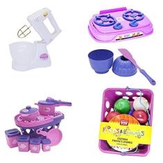 Imagem de Cozinha Infantil Menina Batedeira Panelas Mercado Fogão 26pç