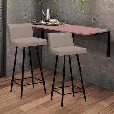 Imagem de Kit Mesa Suspensa de Parede Fixa MDF Rosa + 2 Banquetas Lexi Ferro Preto Corino Bege - Ahazzo Móveis