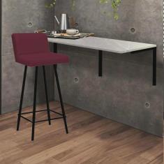 Imagem de Kit Mesa Suspensa de Parede Fixa mdf Marmorizado + 1 Banqueta Lexi Ferro Preto Suede Bordô - Ahazzo Móveis