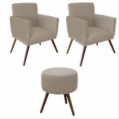 Imagem de Kit 02 Poltrona Decorativa Nina Com Rodapé E Puff Redondo Suede Bege