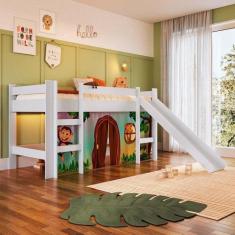 Imagem de Cama Infantil Elevada Com Escorregador Branco Com Cortina Estampada Zo