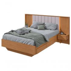 Imagem de Cama Casal 140cm Com Usb, Usb-c E 2 Mesa De Cabeceiras Solaris - Lopas Amendoa Clean/off White