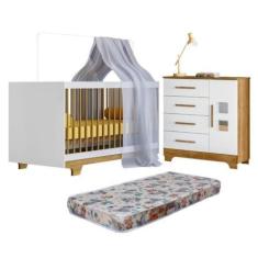 Imagem de Quarto de Bebê com Berço Mini Cama com Colchão Flocos e Cômoda 4 Gavetas 1 Porta Fly 100% Mdf Branco/madeirado Ypê