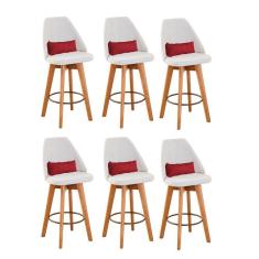 Imagem de Kit 06 Banquetas Alta Maya Giratória Com Encosto Gourmet Linho Bege e Almofada Suede Vermelho - Aurora Line