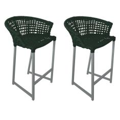 Imagem de Kit 2 Banquetas Reis em Corda Náutica e Base em Alumínio Cinza para Área Gourmet  Verde Musgo