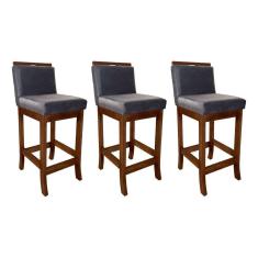 Imagem de Kit 3 Banquetas Médias Gourmet Estofada com Encosto 38 x 92Cm Turim Madeira Maciça Suede Cinza CCS