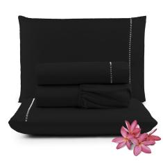 Imagem de Jogo de Lençol Micropercal 400 Fios Padrão 4 Peças Barato - Preto