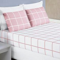 Imagem de Jogo De Lençol Minimalista Casal Padrão 3 Peças Percal 200 Fios Quadriculado - Rosa