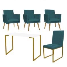 Imagem de Kit Escritório Stan 3 Poltronas Rodapé com Cadeira e Mesa Industrial Branco Dourado Suede Azul Turquesa - Ahz Móveis