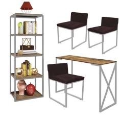 Imagem de Kit Escritório Bex 3 Cadeiras Suede Marrom com 1 Mesa e 1 Livreiro Ferro Cinza MDF Carvalho - Ahazzo Móveis