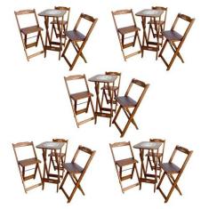 Imagem de Kit 5 Conjuntos Bistrô Mesa com 3 Banquetas Dobráveis de Madeira Perso