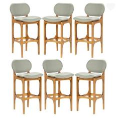 Imagem de Kit 6 Banquetas Alta Estofada Rafine Madeira Maciça Castanho Linho Verde