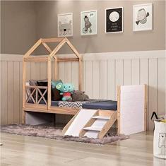 Imagem de Cama Infantil Garden com Telhado Single e Kit Escadinha Casatema Natural/branco