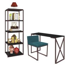 Imagem de Kit Escritório Bex 1 Cadeira Suede Azul Turquesa com 1 Mesa e 1 Livreiro Ferro Marrom MDF Preto - Ahazzo Móveis