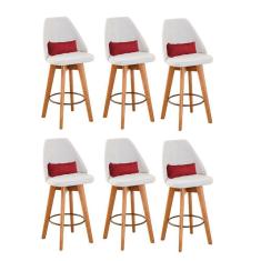 Imagem de Kit 06 Banquetas Alta Maya Giratória Com Encosto Linho Bege Claro e Almofada Suede Vermelho - Aurora Line