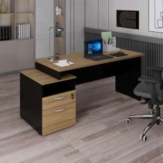 Imagem de Mesa Diretor com Gaveteiro Pé Painel Espresso Móveis Amadeirado/Preto