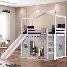 Imagem de Cama Infantil Divertida 125cm 1 Escorregador 1 Telhado Clarabóia e 1 Tenda Casatema Branco/cinza