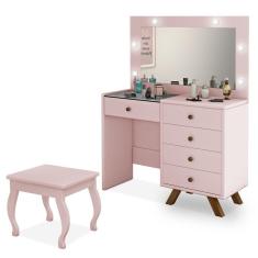 Imagem de Penteadeira Camarim com espelho banqueta LED Luapa Luna - Rosa