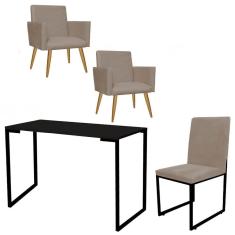 Imagem de Kit Escritório Stan 2 Poltronas com Cadeira e Mesa Industrial Tampo Preto Suede Bege - Ahz Móveis
