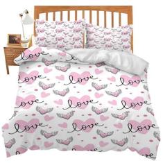 Imagem de Jogo de edredom com tema de amor, coração, decoração de quarto, solteiro, macio, casal, queen size, capa de edredom com 2 fronhas para crianças, adolescentes, adultos, mulheres, homens, 90 x 90