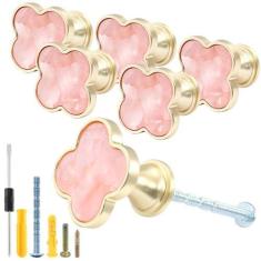 Imagem de suiwotin Pacote com 6 puxadores de armário de latão, puxadores de trevo puxadores decorativos de gaveta de cômoda, puxadores de armário de cozinha em ouro escovado, puxadores de gaveta para armário,