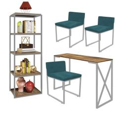Imagem de Kit Escritório Bex 3 Cadeiras Suede Azul Turquesa com 1 Mesa e 1 Livreiro Ferro Cinza MDF Caramelo - Ahazzo Móveis