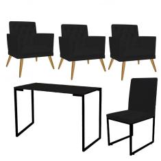 Imagem de Kit Escritório Stan 3 Poltronas Maria com Cadeira e Mesa Industrial Tampo Preto Suede Preto - Ahz Móveis