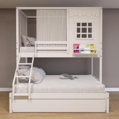 Imagem de Treliche Casinha Reta Casal/ Solteiro Com Cortina Madeira Maciça Branco Housin