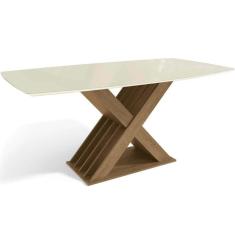 Imagem de Mesa De Sala Jantar Graviola C/tampo Madeirado C/ Vidro 90x170cm Nogueira/off White/vidro Off White