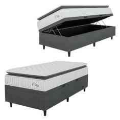 Imagem de Cama Box Baú Colchão Solteiro Molas Ensacadas City Pillow Top 88x188x64cm Branco/Cinza Hellen - Suporta até 110kg por Pessoa