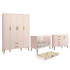Imagem de Dormitório Infantil Isis Guarda Roupa 4 Portas, Cômoda 1 Porta E Berço Rosa Com Colchão D18 - Reller Móveis