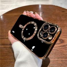 Imagem de Para iPhone 15 Pro Max Capa de telefone com moldura quadrada magnética para iPhone 11 12 13 14 Plus Capa protetora de lente, capa magnética preta, para iPhone 14 Pro