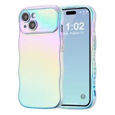 Imagem de ZTOFERA Capa para iPhone 14 Plus de 6,7 polegadas, linda capa ondulada encaracolada com estampa de coração de amor, borda de revestimento iridescente com proteção total da câmera, capa de telefone à