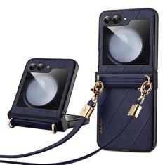 Imagem de Compatível com Samsung Galaxy Z Flip 5 Capa de couro flip, capa de telefone fina com proteção contra quedas à prova de choque com alça de ombro compatível com Galaxy Z Flip 5 (Cor: Azul)