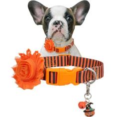 Imagem de Coleira para cachorro de outono com acessório de flor removível e pingente de abóbora