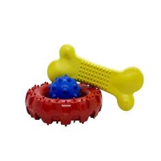 Imagem de Kit Brinquedo Pet Bola Cravo 55Mm Mamona + Pneu M + Osso G