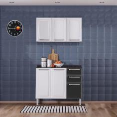 Imagem de Kit Balcão 3 Portas 2 Gavetas Preto Com Armário Aéreo 3 Portas Branco