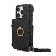 Imagem de Suporte de anel crossbody com zíper cartões solt carteira capa de couro para iphone 15 pro max 14 plus 13 12 11 se 2022 capa espelhada, preta, para iphone 12