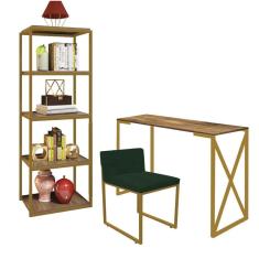 Imagem de Kit Escritório Bex 1 Cadeira Suede Verde com 1 Mesa e 1 Livreiro Ferro Dourado MDF Caramelo - Ahazzo Móveis