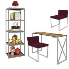 Imagem de Kit Escritório Bex 2 Cadeiras Suede Bordô com 1 Mesa e 1 Livreiro Ferro Cinza MDF Freijó - Ahazzo Móveis