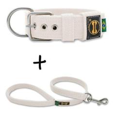 Imagem de Coleira Cachorro Grande Pit Bull + Guia 80cm (Branco) Fit - Amorosso