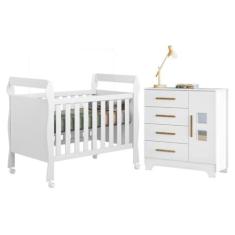 Imagem de Quarto de Bebê com Berço Mini Cama 3 em 1 Soninho 100% Mdf e Cômoda 4 Gavetas 1 Porta Fly 100% Mdf Branco