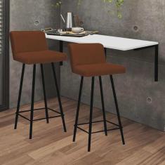 Imagem de Kit Mesa Suspensa de Parede Fixa mdf Branco + 2 Banquetas Lexi Ferro Preto Suede Terracota - Ahazzo Móveis