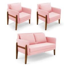 Imagem de Kit 1 Sofá Namoradeira E 2 Poltronas Lana Suede Base De Madeira - D`rossi Cor Rosa Bebê