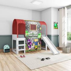 Imagem de Cama Infantil Joy com Escorregador Dossel Barraca Mine Hero e LED Branco Vermelho Pura Magia