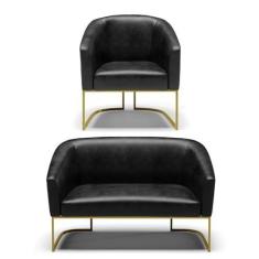 Imagem de Sofá Namoradeira e Poltrona Base Industrial Dourado Stella Corano Preto D03 - D'Rossi