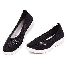 Imagem de MUSSHOE Tênis feminino de caminhada respirável de malha sem cadarço confortável e leve, Preto, branco, 36